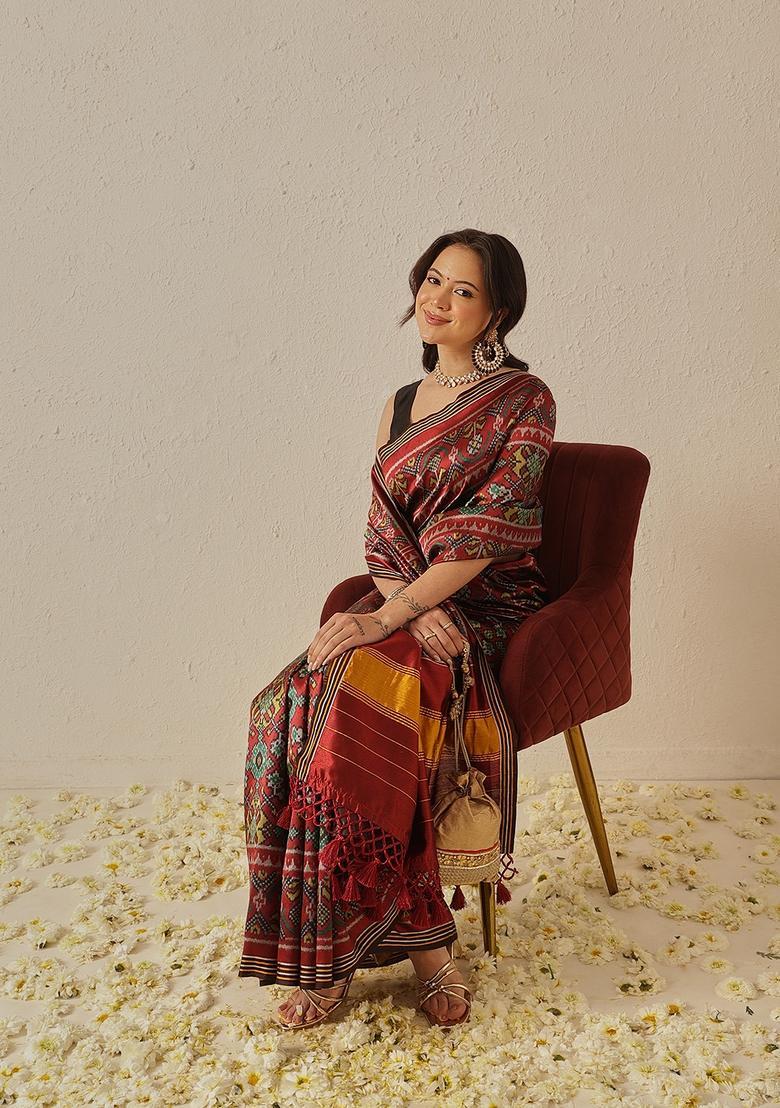 Maroon Motif Silk Saree Set - Indya