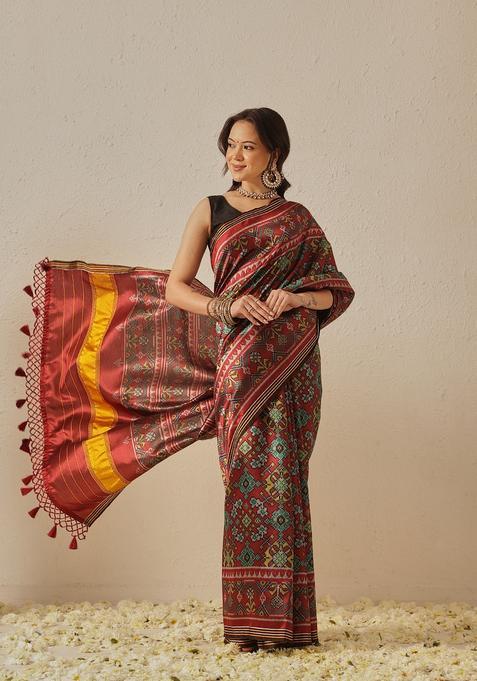 Maroon Motif Silk Saree Set