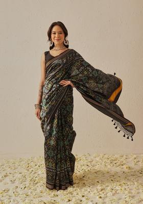 Black Motif Silk Saree Set