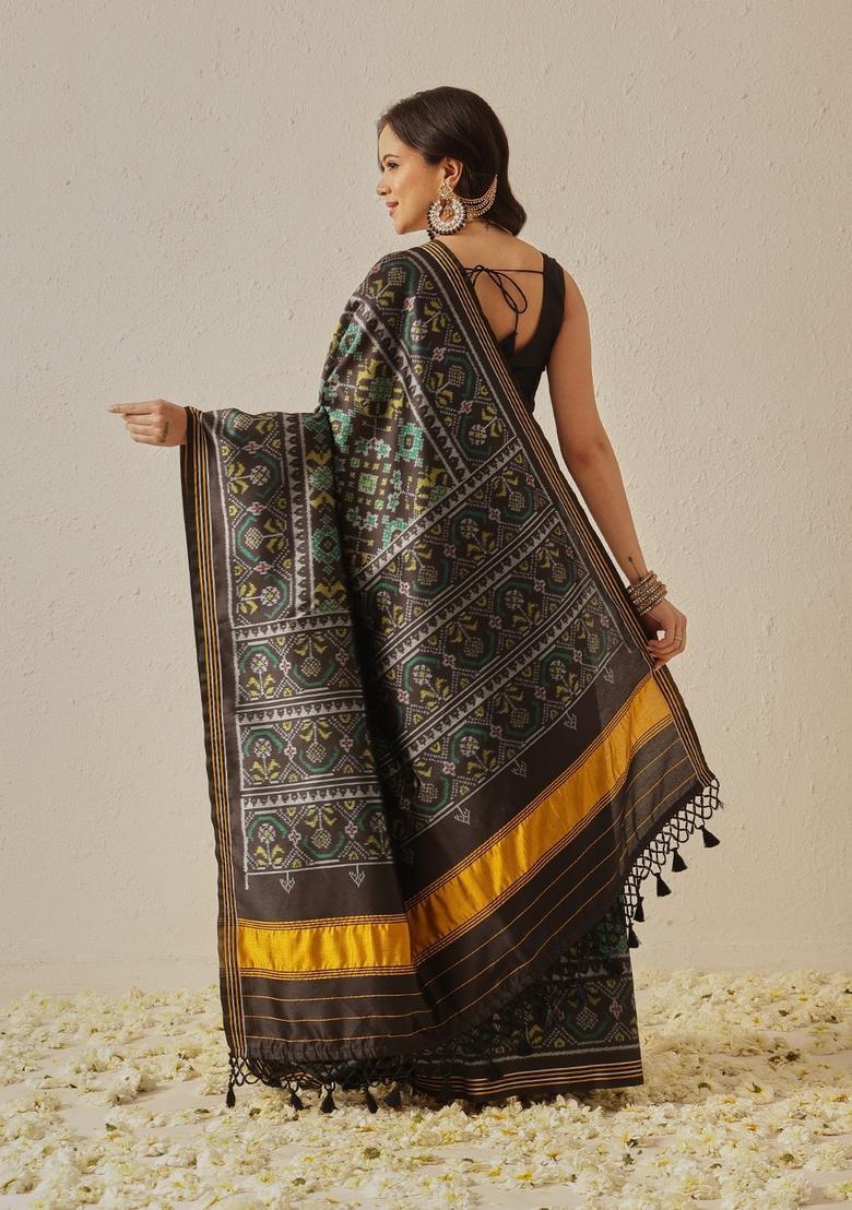Black Motif Silk Saree Set - Indya