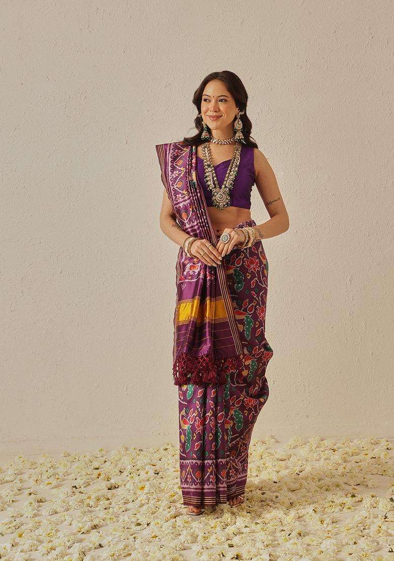 Purple Motif Silk Saree Set - Indya