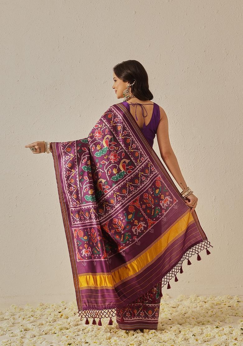 Purple Motif Silk Saree Set - Indya