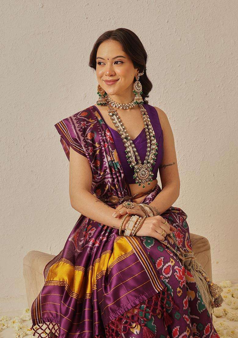 Purple Motif Silk Saree Set - Indya