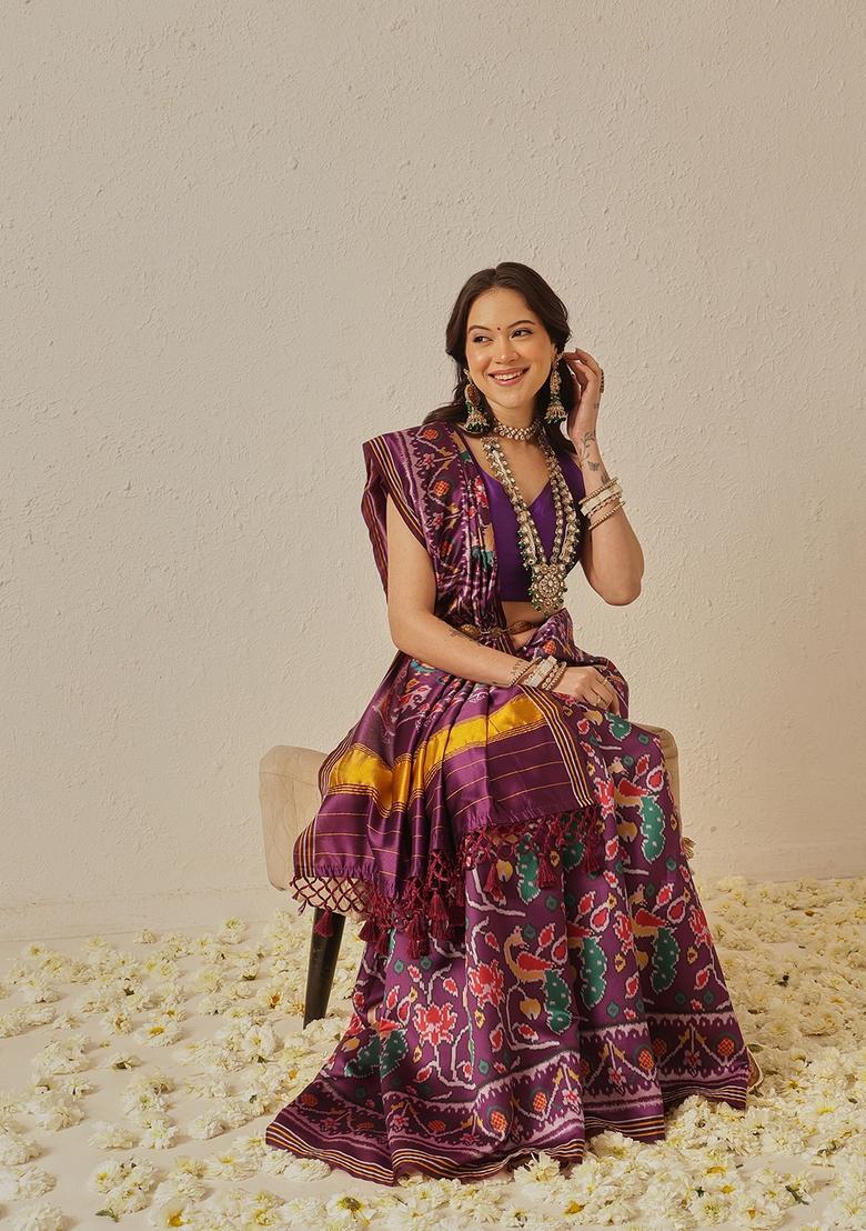 Purple Motif Silk Saree Set - Indya