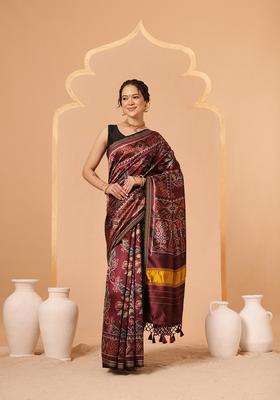 Maroon Motif Silk Saree Set