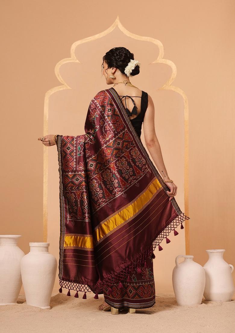 Maroon Motif Silk Saree Set - Indya