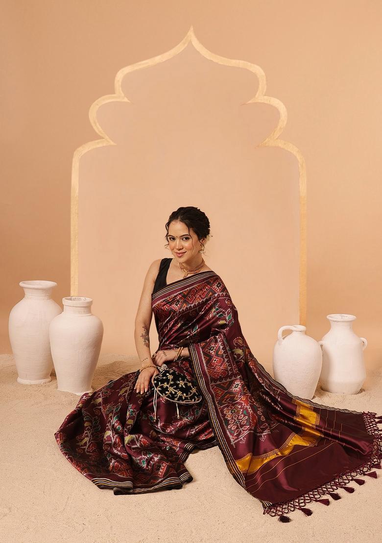 Maroon Motif Silk Saree Set - Indya