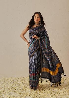 Navy Blue Motif Silk Saree Set