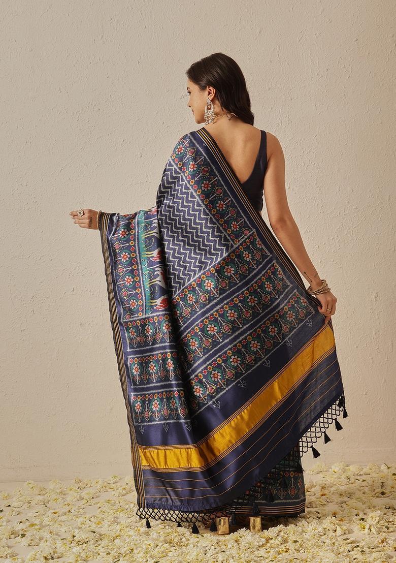 Navy Blue Motif Silk Saree Set - Indya