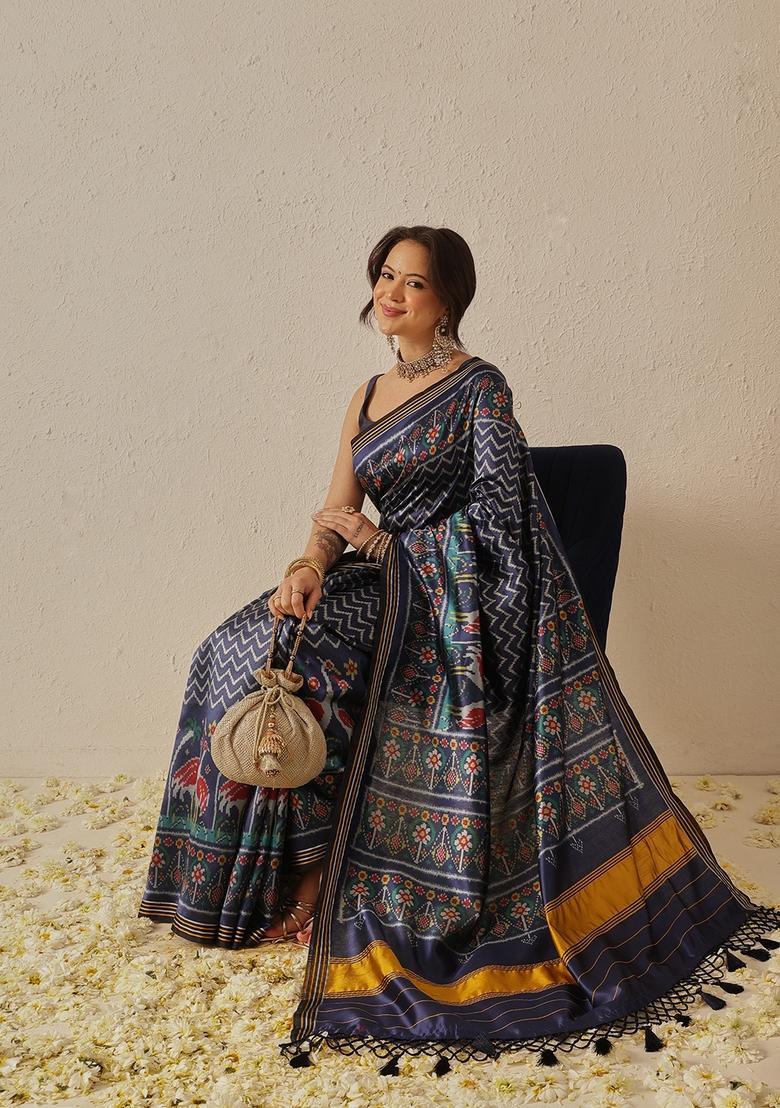 Navy Blue Motif Silk Saree Set - Indya