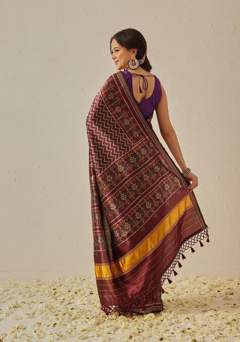 Maroon Motif Silk Saree Set - Indya