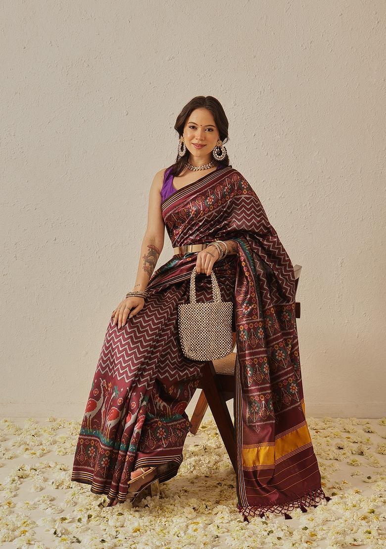 Maroon Motif Silk Saree Set - Indya