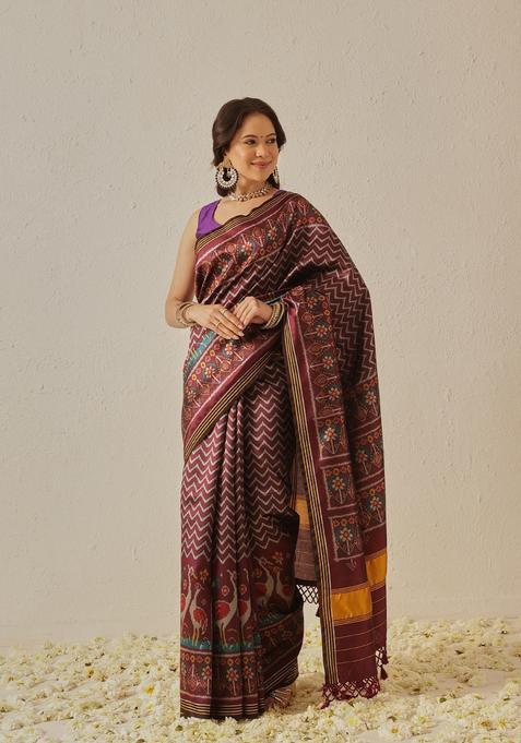 Maroon Motif Silk Saree Set