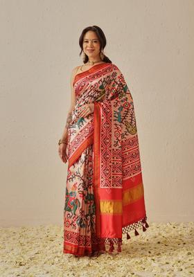 Off White Lagdi Patta Silk Saree Set