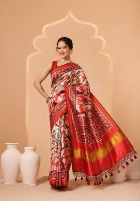 Off White Lagdi Patta Silk Saree Set
