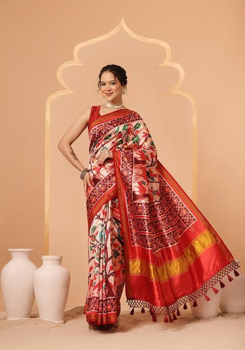 Off White Lagdi Patta Silk Saree Set