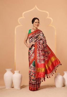 Off White Lagdi Patta Silk Saree Set