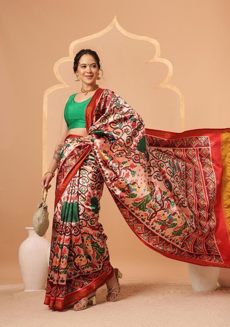 Off White Lagdi Patta Silk Saree Set - Indya