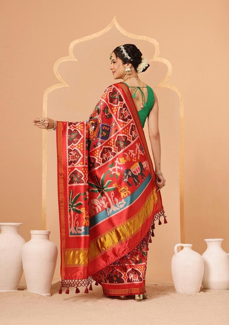 Multicolor Lagdi Patta Silk Saree Set - Indya
