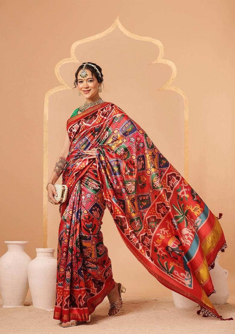 Multicolor Lagdi Patta Silk Saree Set - Indya