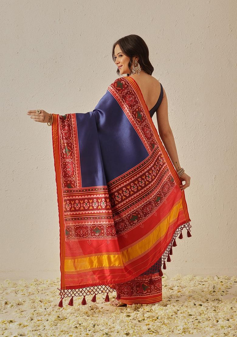 Blue Motif Silk Saree Set - Indya