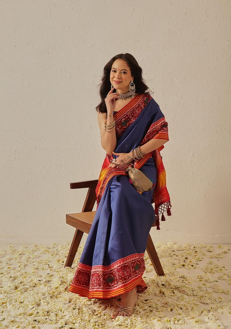 Blue Motif Silk Saree Set - Indya