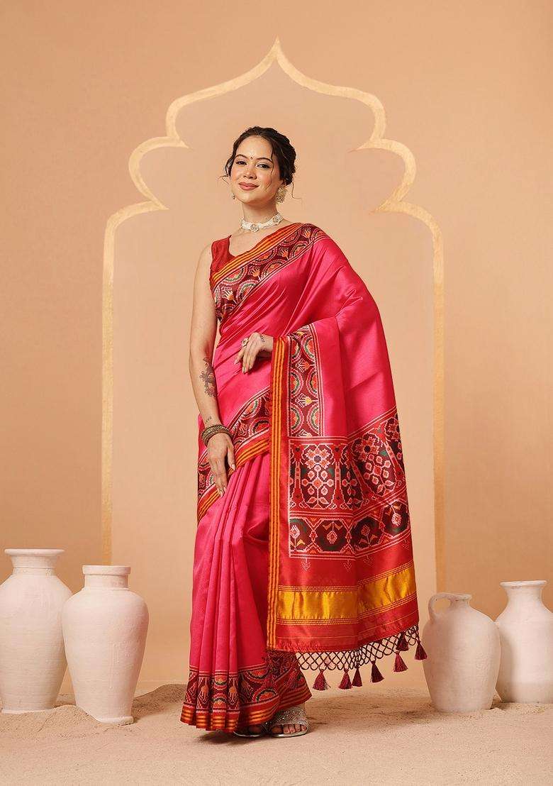 Pink Motif Silk Saree Set - Indya