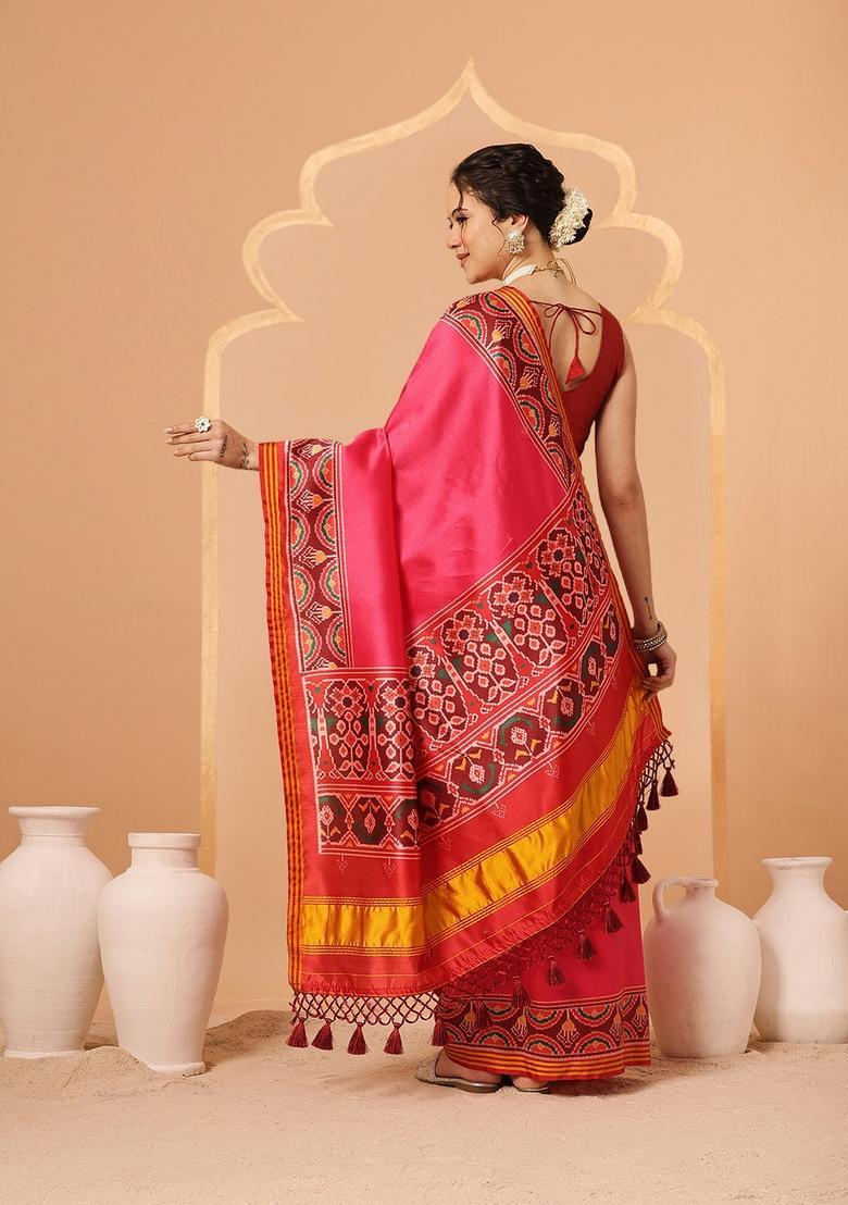 Pink Motif Silk Saree Set - Indya