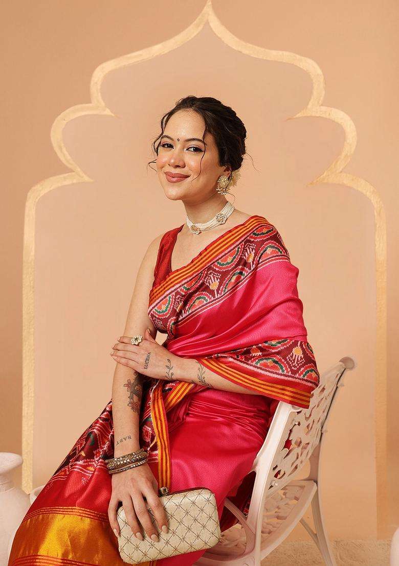 Pink Motif Silk Saree Set - Indya