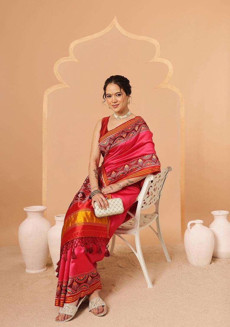 Pink Motif Silk Saree Set - Indya