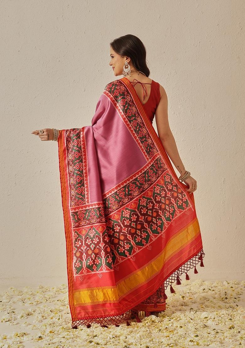 Lavender Motif Silk Saree Set - Indya