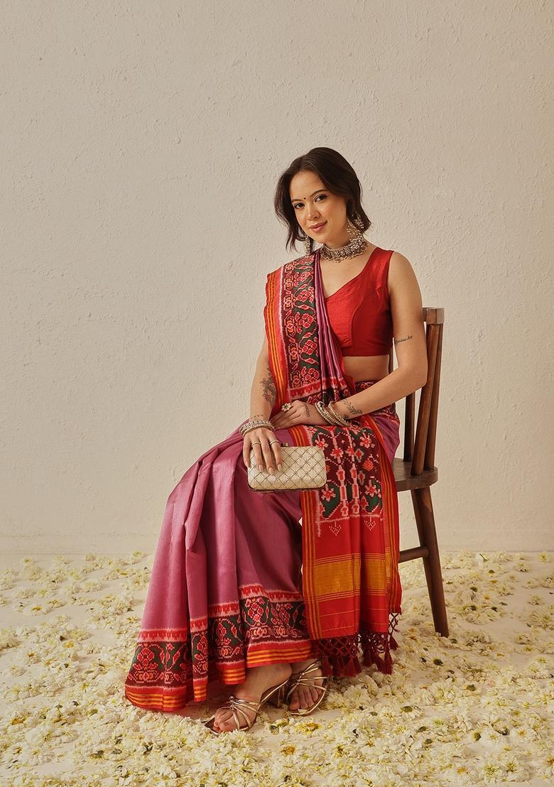 Lavender Motif Silk Saree Set - Indya