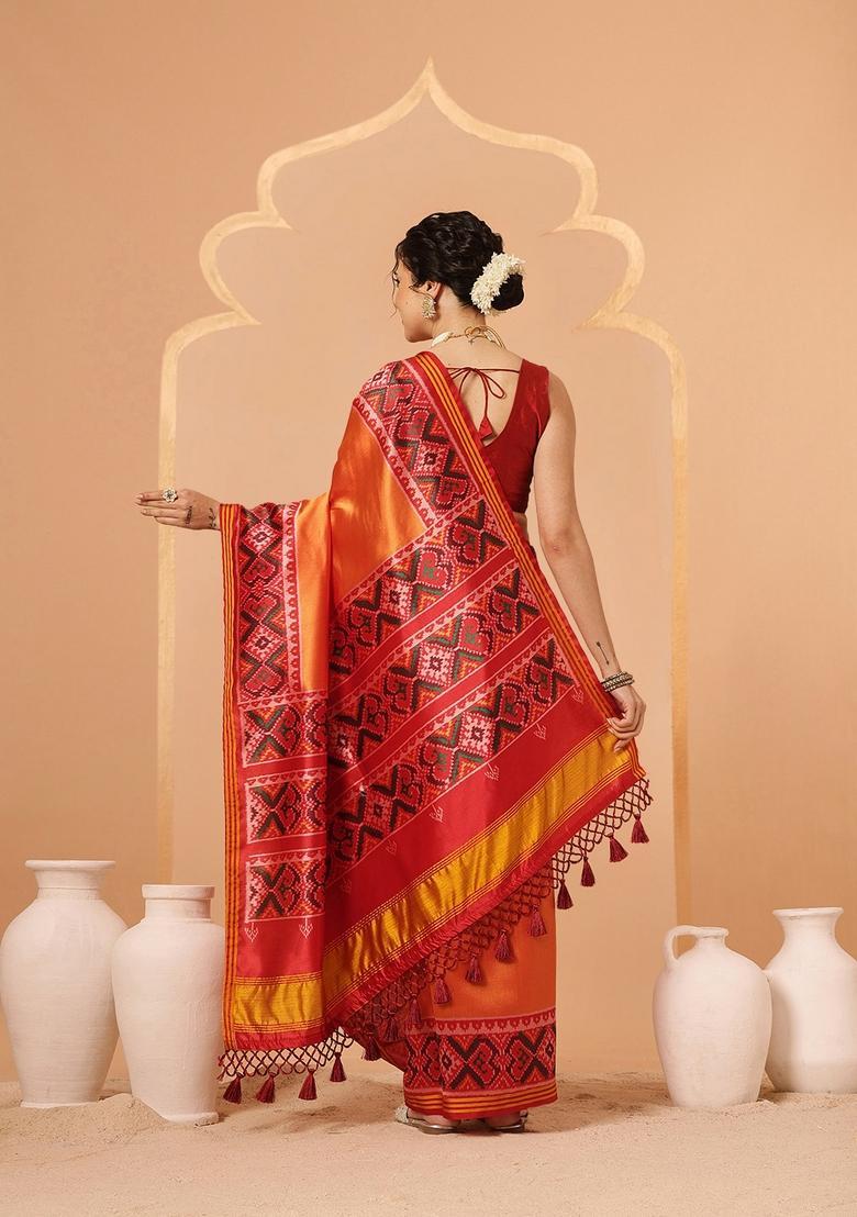 Orange Motif Silk Saree Set - Indya