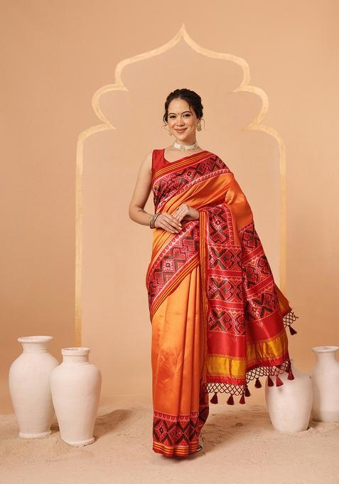 Orange Motif Silk Saree Set