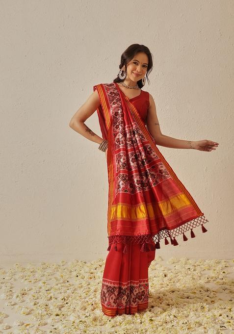 Red Motif Silk Saree Set