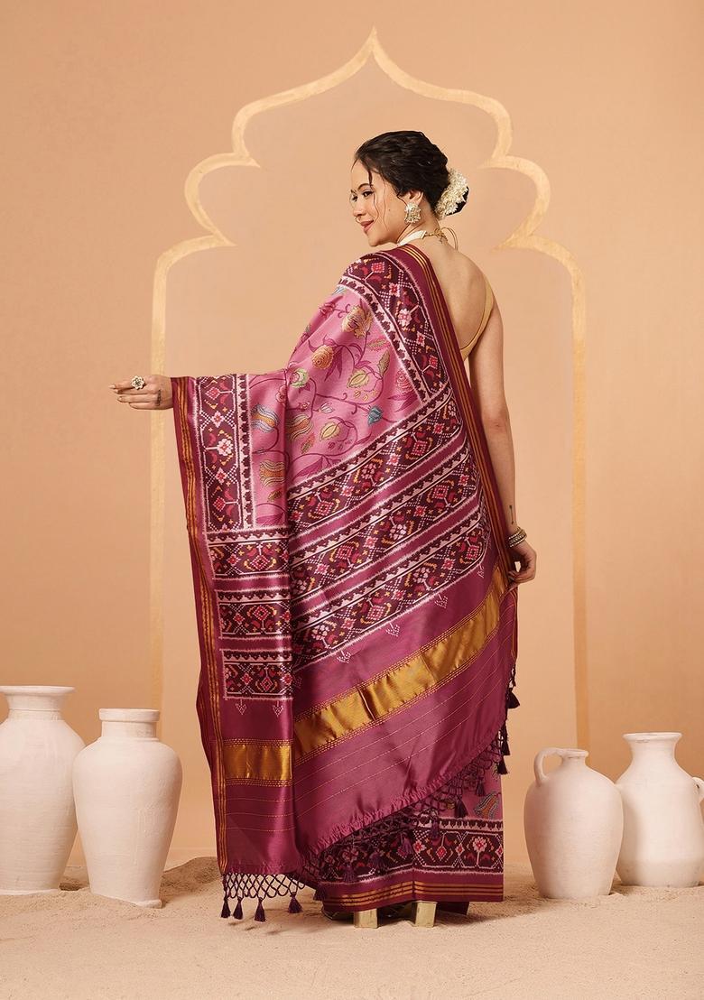 Pink Zari Work Silk Saree Set - Indya