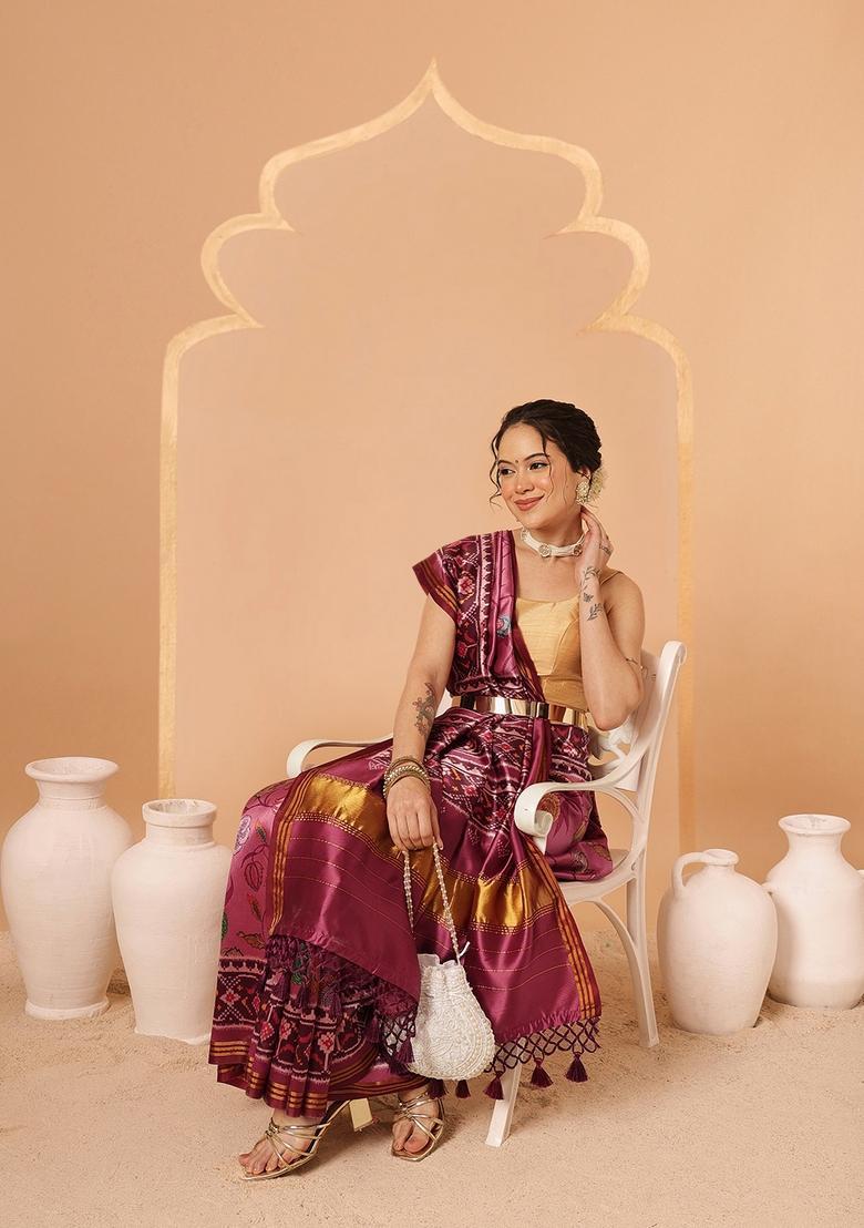 Pink Zari Work Silk Saree Set - Indya