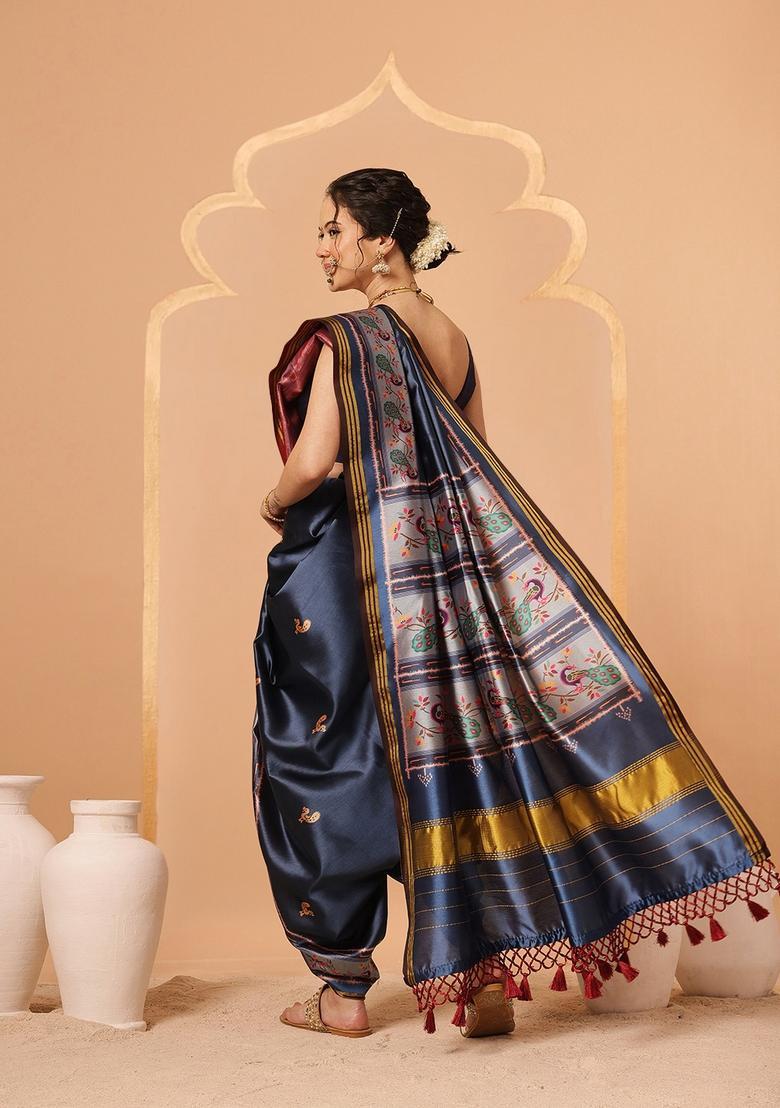 Blue Zari Work Silk Saree Set - Indya