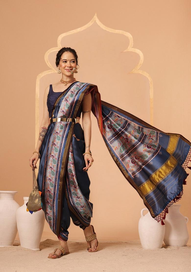 Blue Zari Work Silk Saree Set - Indya