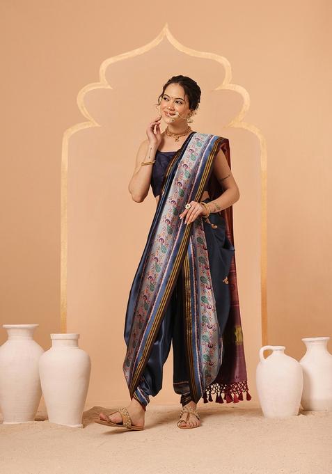 Blue Zari Work Silk Saree Set