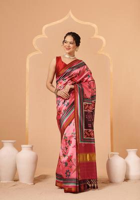 Pink Zari Work Silk Saree Set