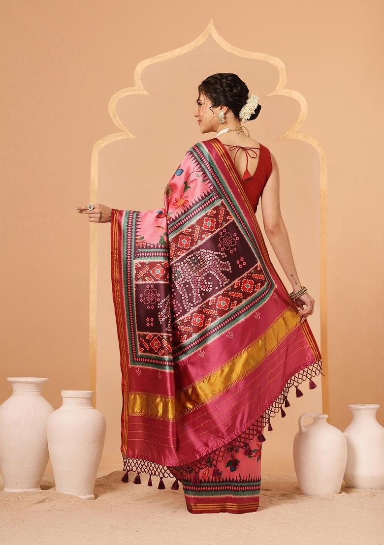 Pink Zari Work Silk Saree Set - Indya