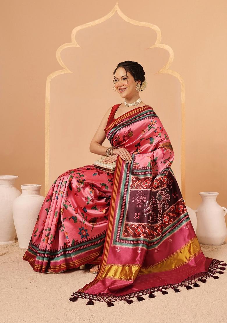 Pink Zari Work Silk Saree Set - Indya