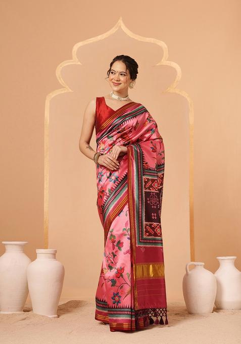Pink Zari Work Silk Saree Set