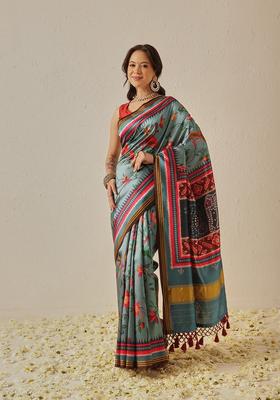 Teal Zari Work Silk Saree Set