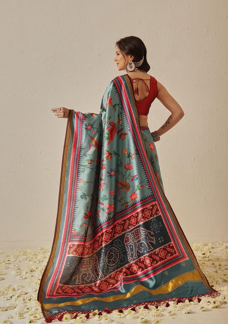 Teal Zari Work Silk Saree Set - Indya