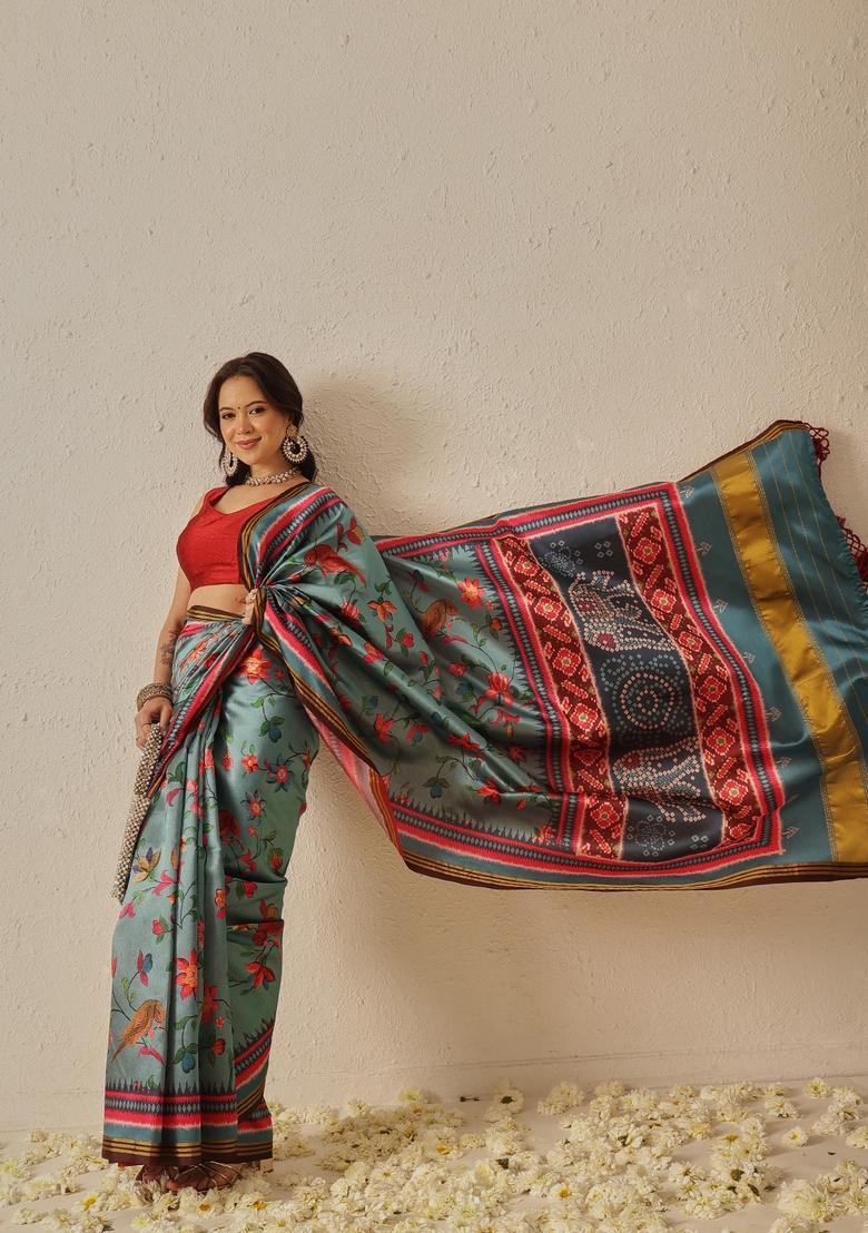 Teal Zari Work Silk Saree Set - Indya