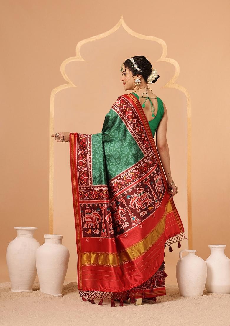 Green Weaving Work Silk Saree Set - Indya