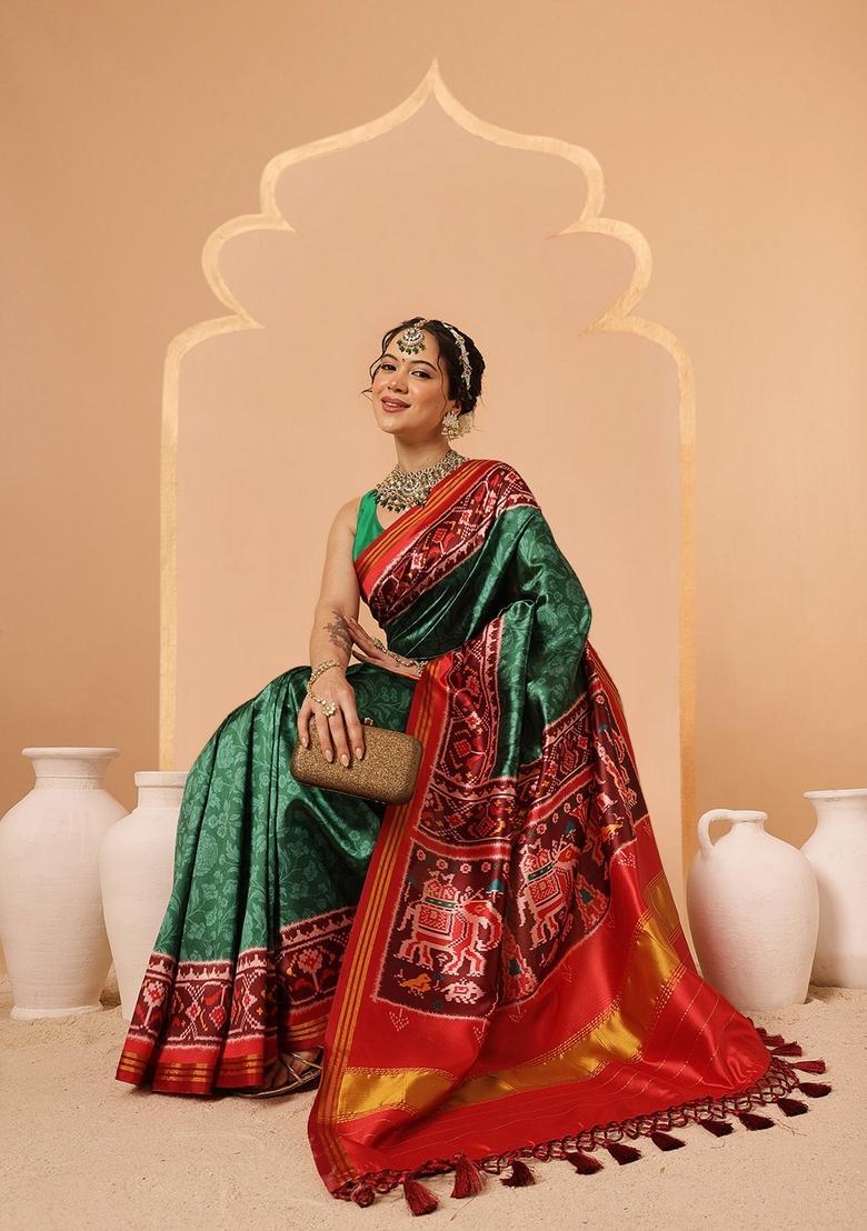 Green Weaving Work Silk Saree Set - Indya
