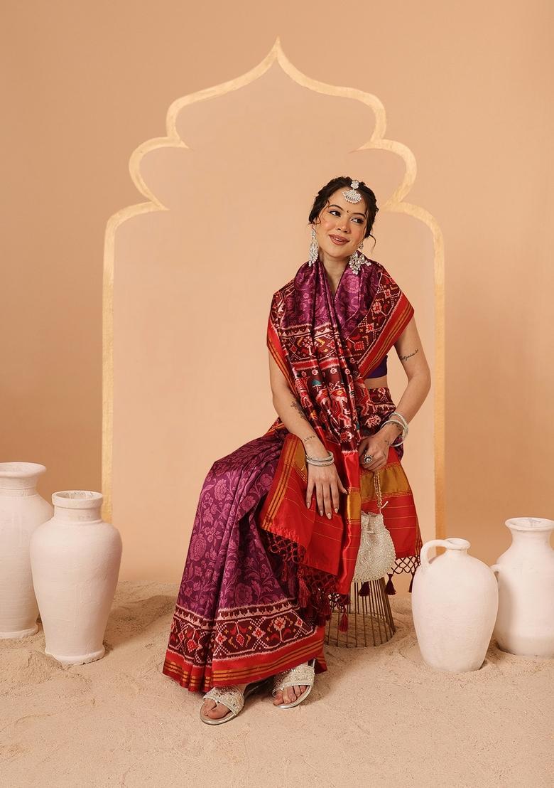 Purple Weaving Work Silk Saree Set - Indya
